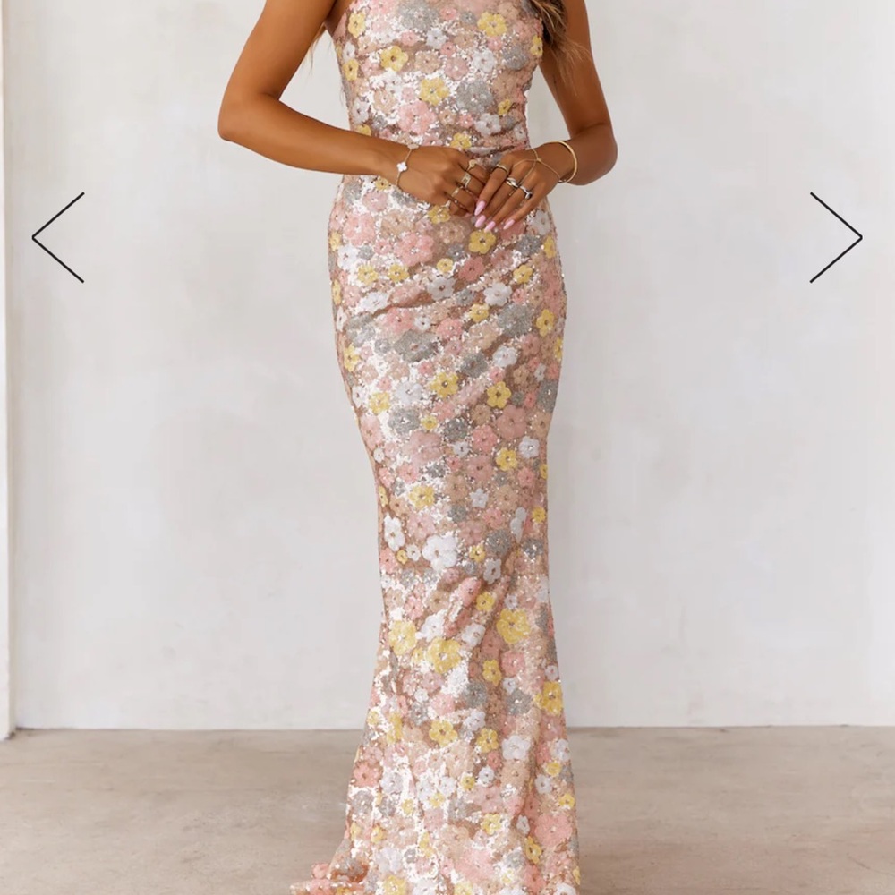 Hello Molly Pink and Cream Embellished Gown with One Shoulder Neckline